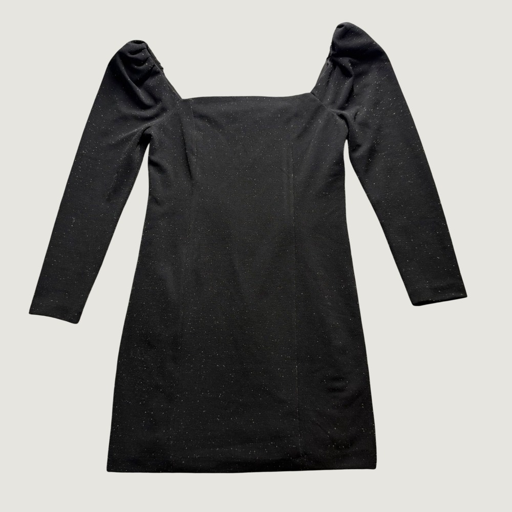 1.STATE Shimmer Mini Dress S Square Neck Puff Sleeve Cocktail Black Metallic